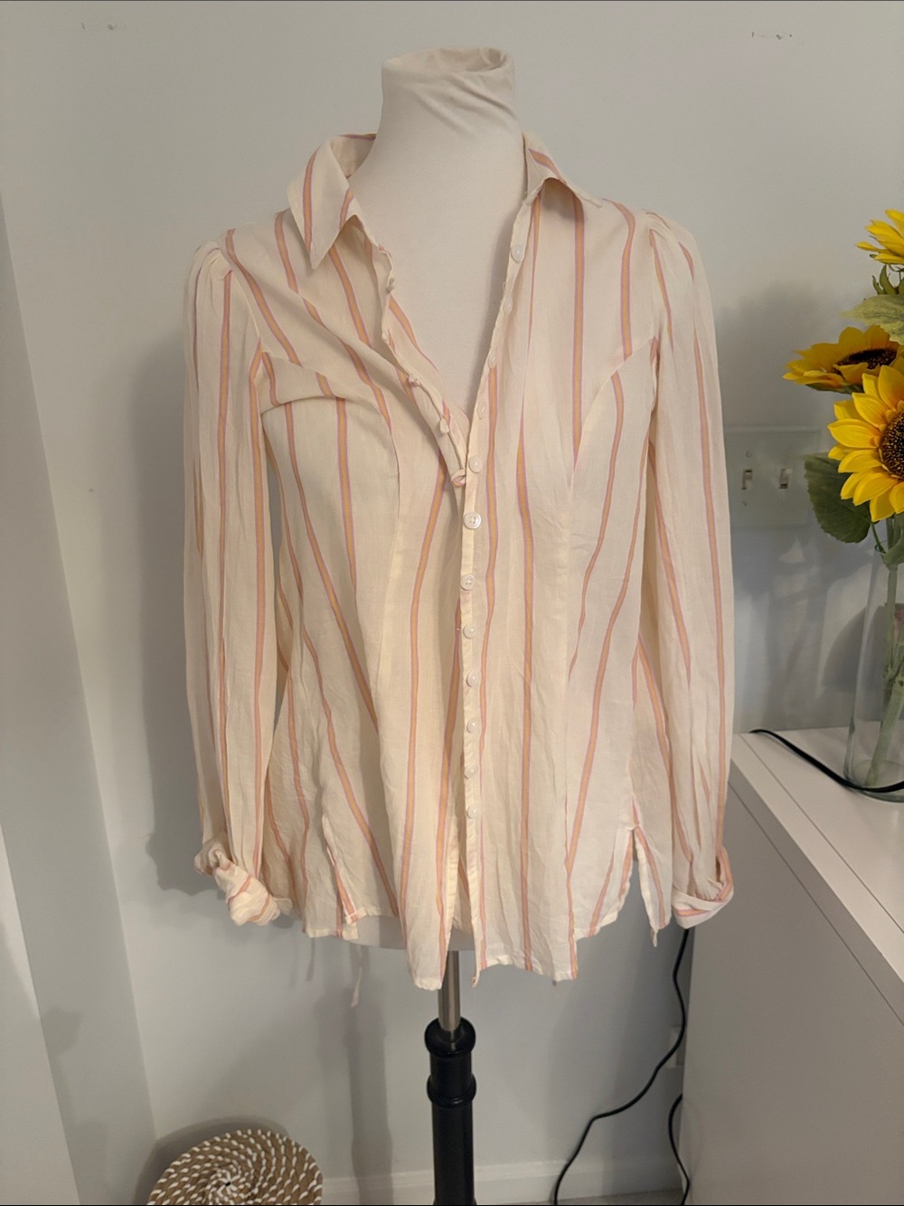 BDG Cream and Pink Striped Button-Down Shirt with Open Back